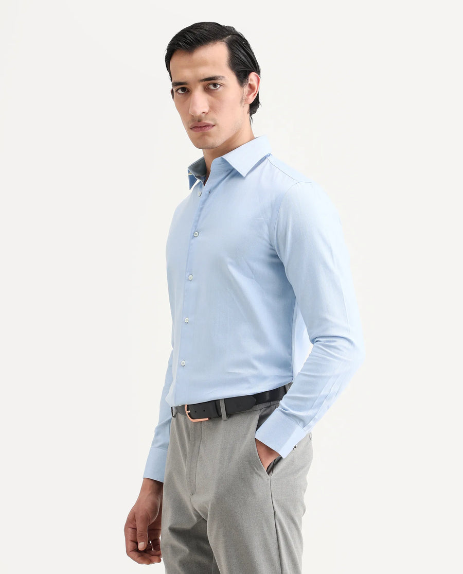 Rare Rabbit Men's Fargo Blue Plain Regular Fit Full Sleeve Collared Shirt