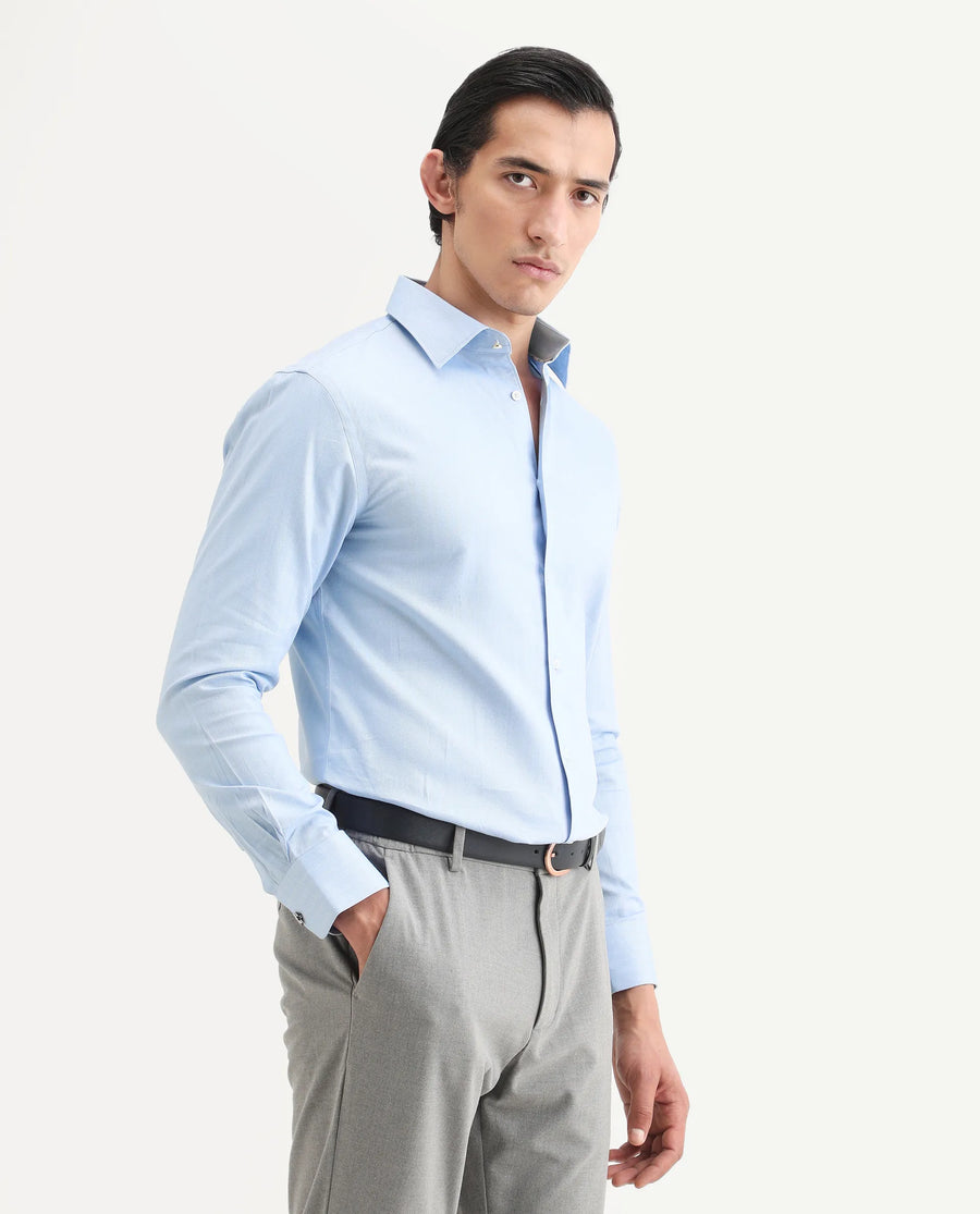 Rare Rabbit Men's Fargo Blue Plain Regular Fit Full Sleeve Collared Shirt