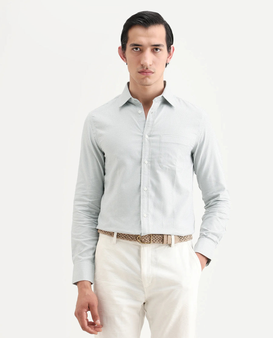 Rare Rabbit Men's Tucky Grey Cotton Blend Striped Print Regular Fit Full Sleeve Collared Shirt