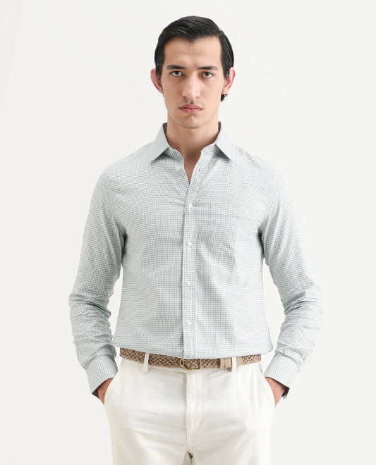 Rare Rabbit Men's Tucky Grey Cotton Blend Striped Print Regular Fit Full Sleeve Collared Shirt
