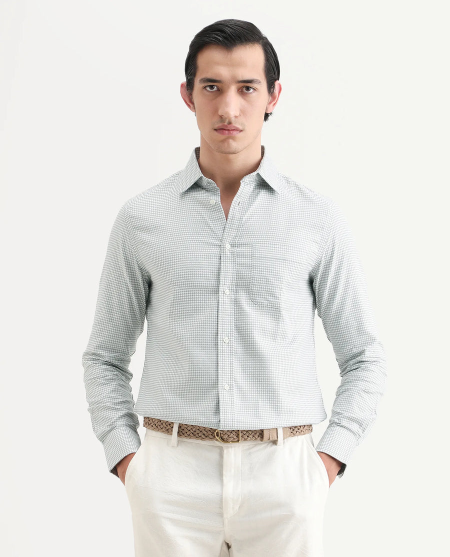 Rare Rabbit Men's Tucky Grey Cotton Blend Striped Print Regular Fit Full Sleeve Collared Shirt
