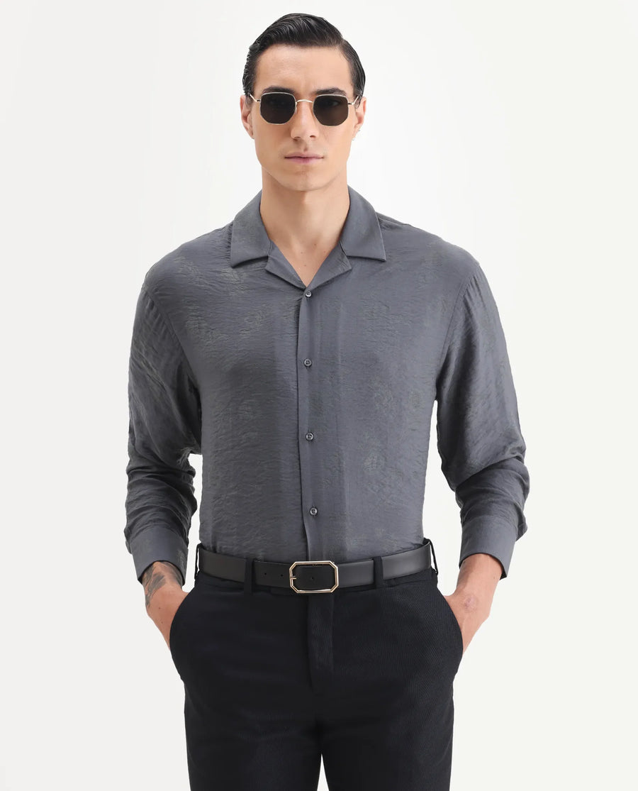 Rare Rabbit Men's Redif Grey Viscose Blend Fabric Full Sleeve Spread Collar Regular Fit Jacquard Shirt