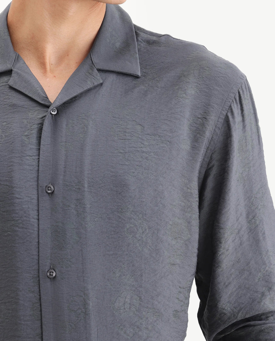 Rare Rabbit Men's Redif Grey Viscose Blend Fabric Full Sleeve Spread Collar Regular Fit Jacquard Shirt