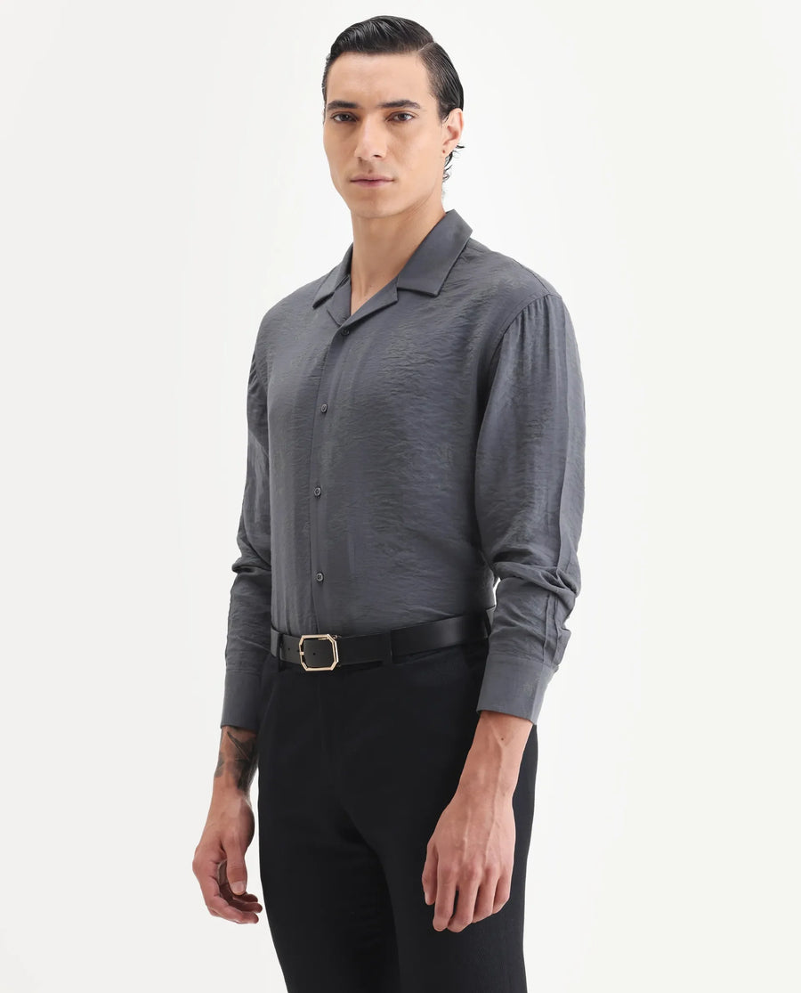 Rare Rabbit Men's Redif Grey Viscose Blend Fabric Full Sleeve Spread Collar Regular Fit Jacquard Shirt
