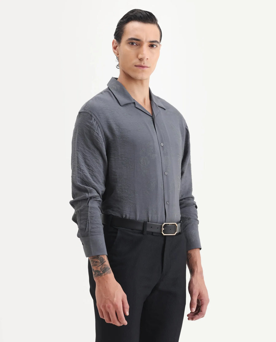 Rare Rabbit Men's Redif Grey Viscose Blend Fabric Full Sleeve Spread Collar Regular Fit Jacquard Shirt