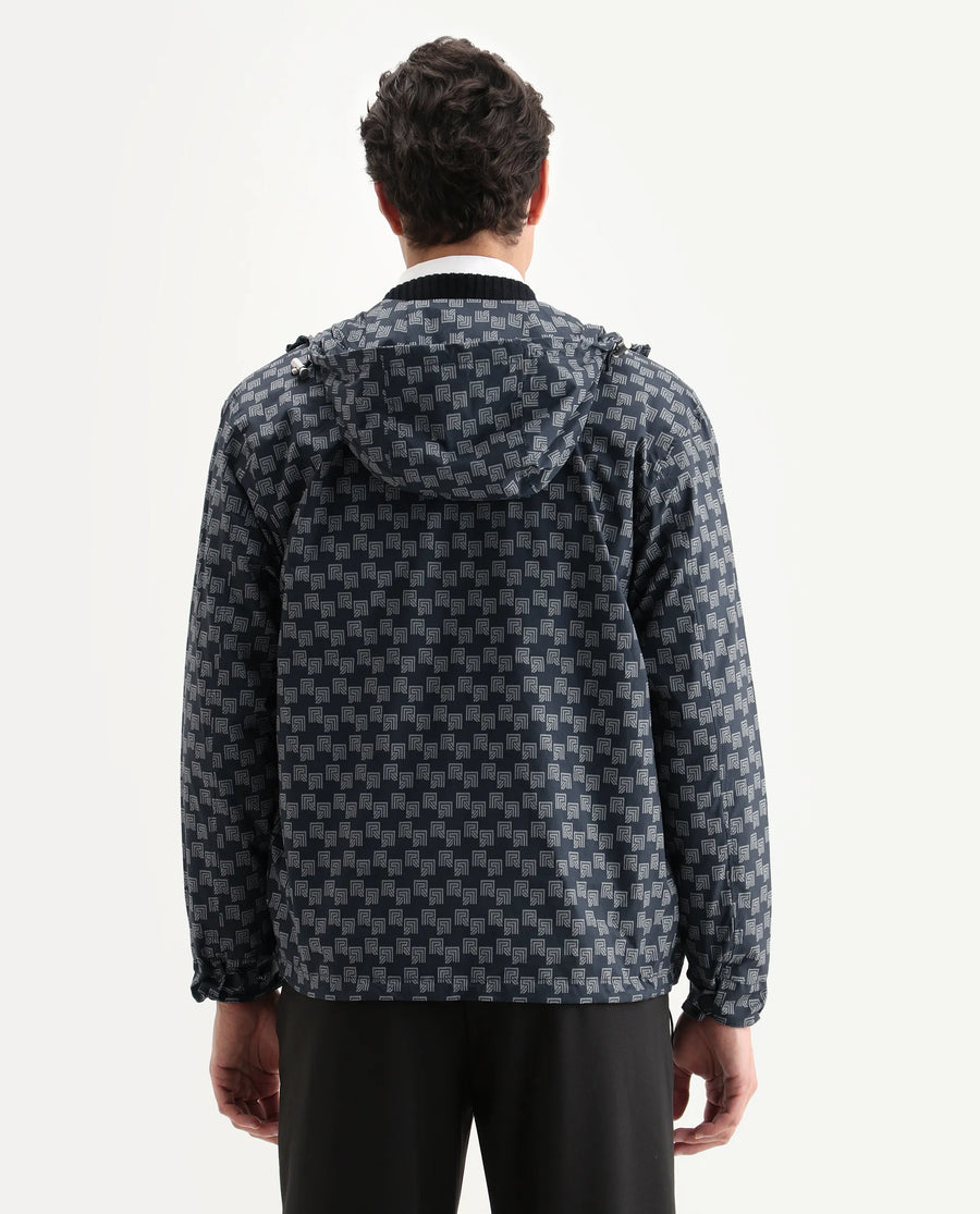 Rare Rabbit Men's Sappon Navy Polyester Monogram Print Boxy Fit Full Sleeve High Neck Jacket