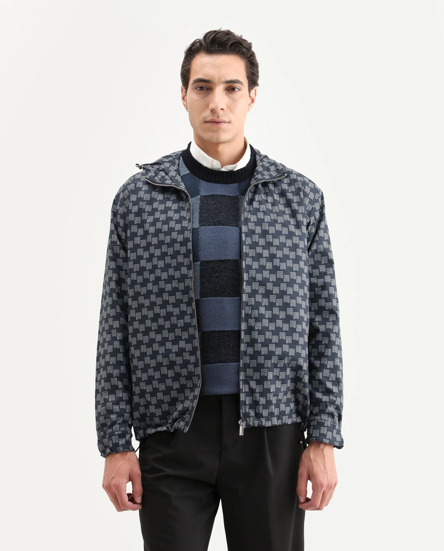 Rare Rabbit Men's Sappon Navy Polyester Monogram Print Boxy Fit Full Sleeve High Neck Jacket
