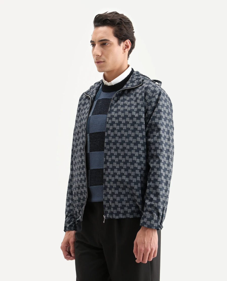 Rare Rabbit Men's Sappon Navy Polyester Monogram Print Boxy Fit Full Sleeve High Neck Jacket