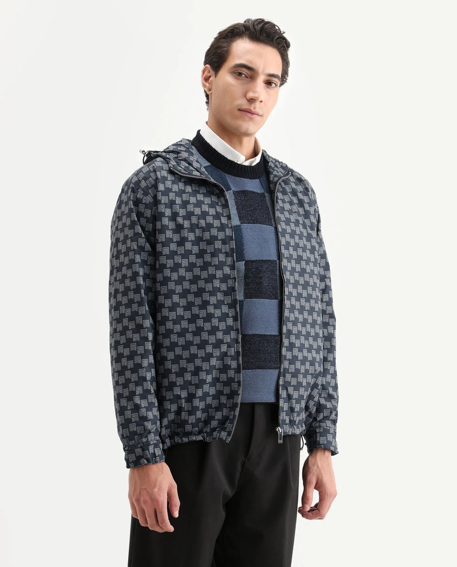 Rare Rabbit Men's Sappon Navy Polyester Monogram Print Boxy Fit Full Sleeve High Neck Jacket