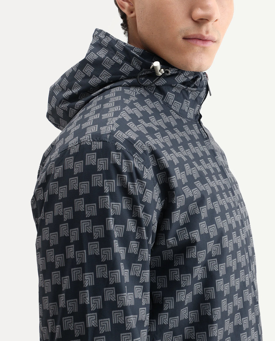 Rare Rabbit Men's Sappon Navy Polyester Monogram Print Boxy Fit Full Sleeve High Neck Jacket