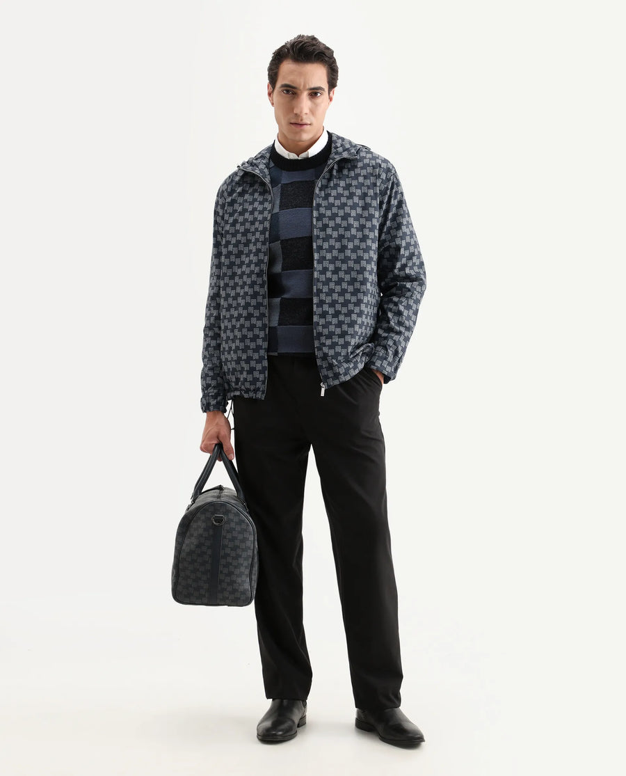 Rare Rabbit Men's Sappon Navy Polyester Monogram Print Boxy Fit Full Sleeve High Neck Jacket