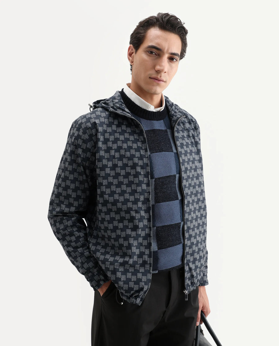 Rare Rabbit Men's Sappon Navy Polyester Monogram Print Boxy Fit Full Sleeve High Neck Jacket