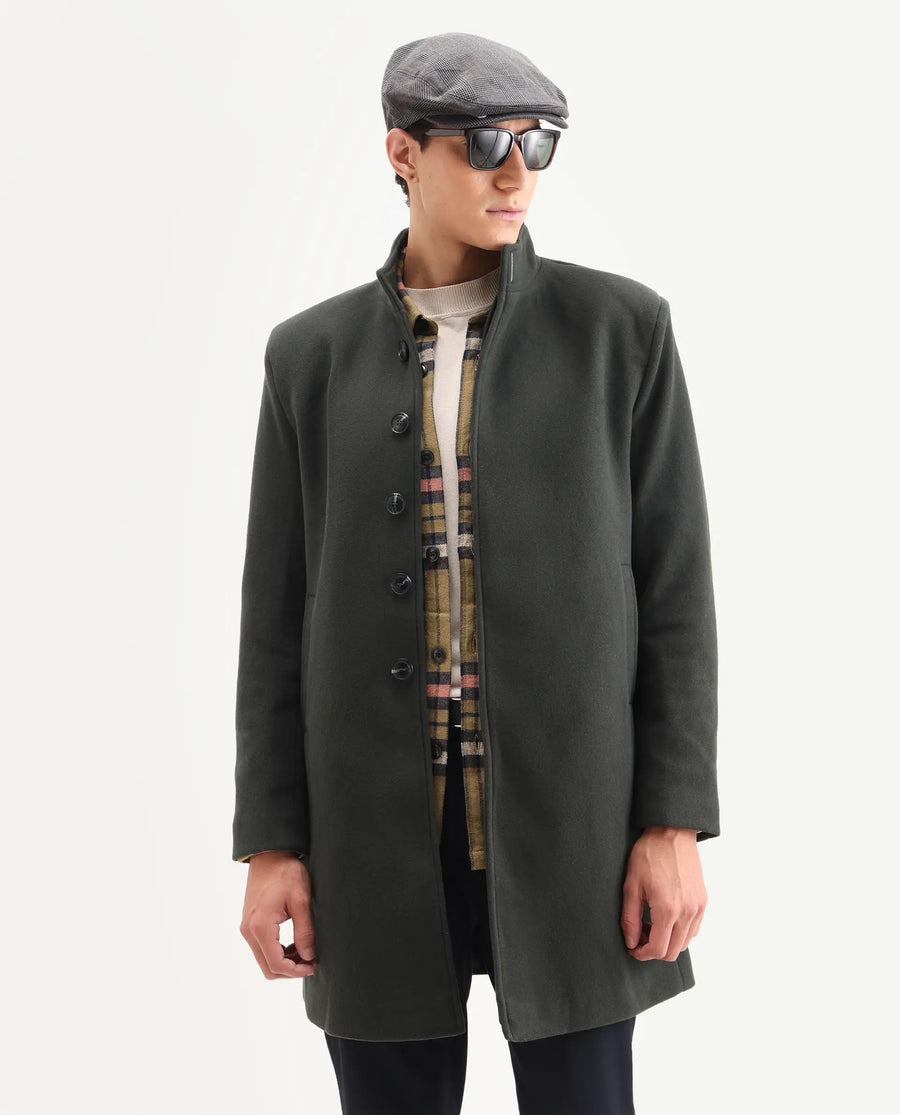 Rare Rabbit Men's Dune-2 Olive Polyester Blend Plain Relaxed Fit Full Sleeve High Neck Coat