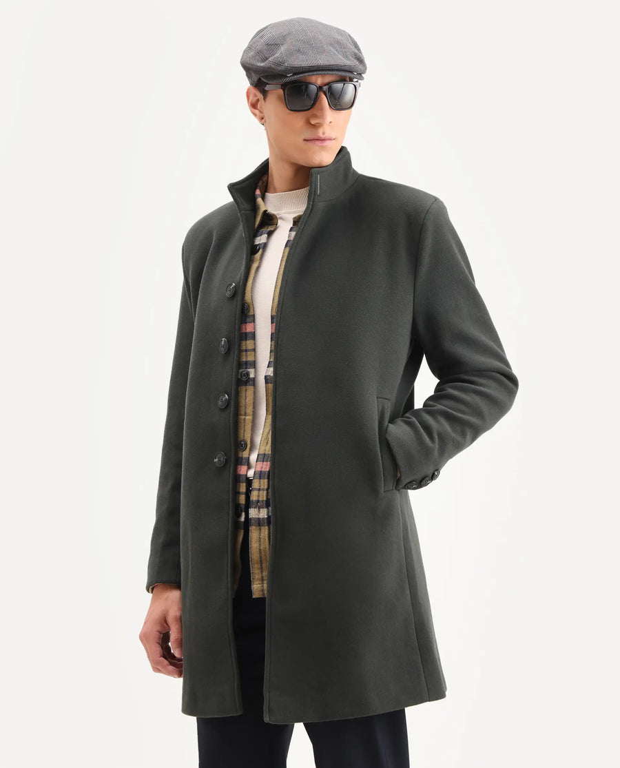 Rare Rabbit Men's Dune-2 Olive Polyester Blend Plain Relaxed Fit Full Sleeve High Neck Coat