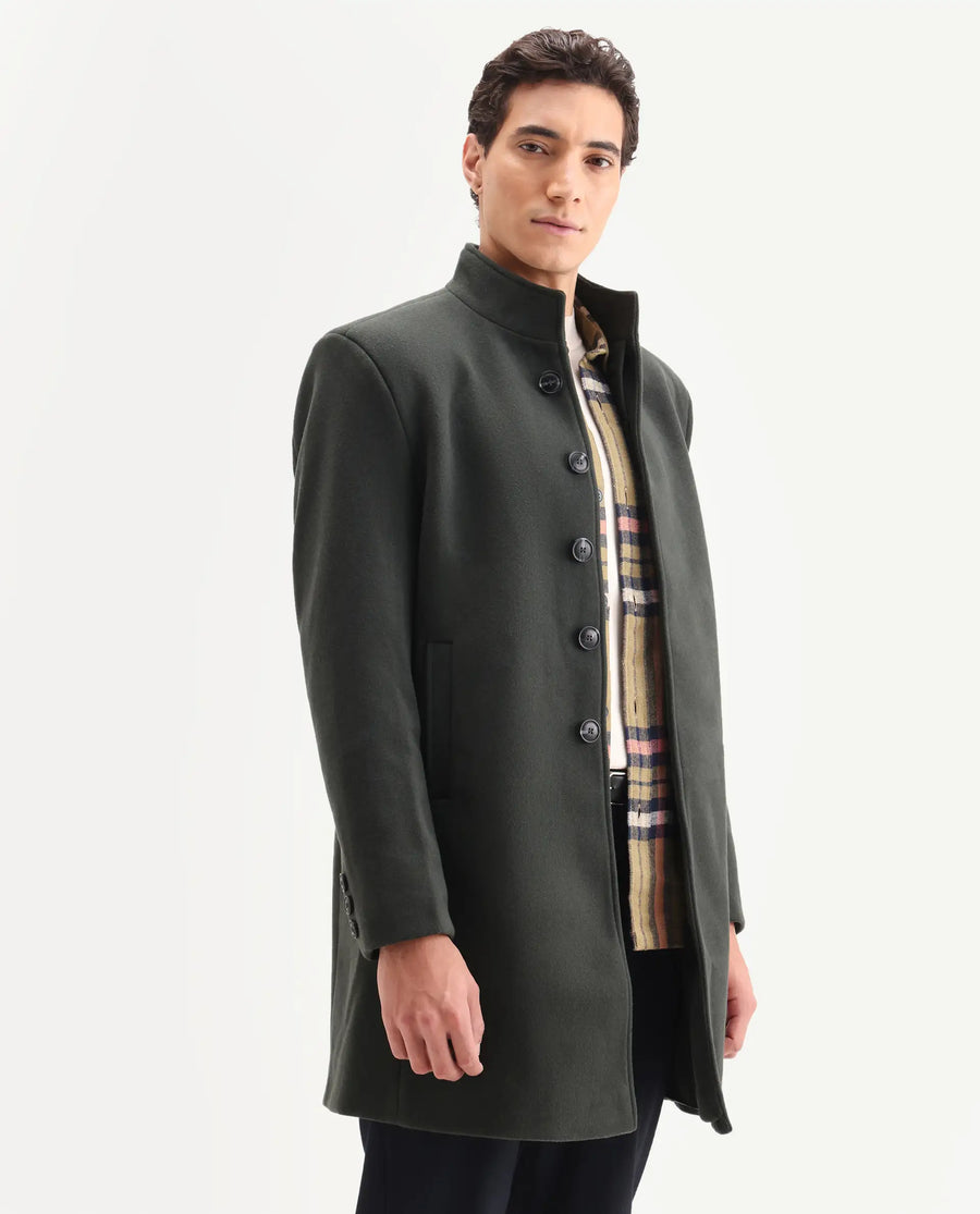 Rare Rabbit Men's Dune-2 Olive Polyester Blend Plain Relaxed Fit Full Sleeve High Neck Coat
