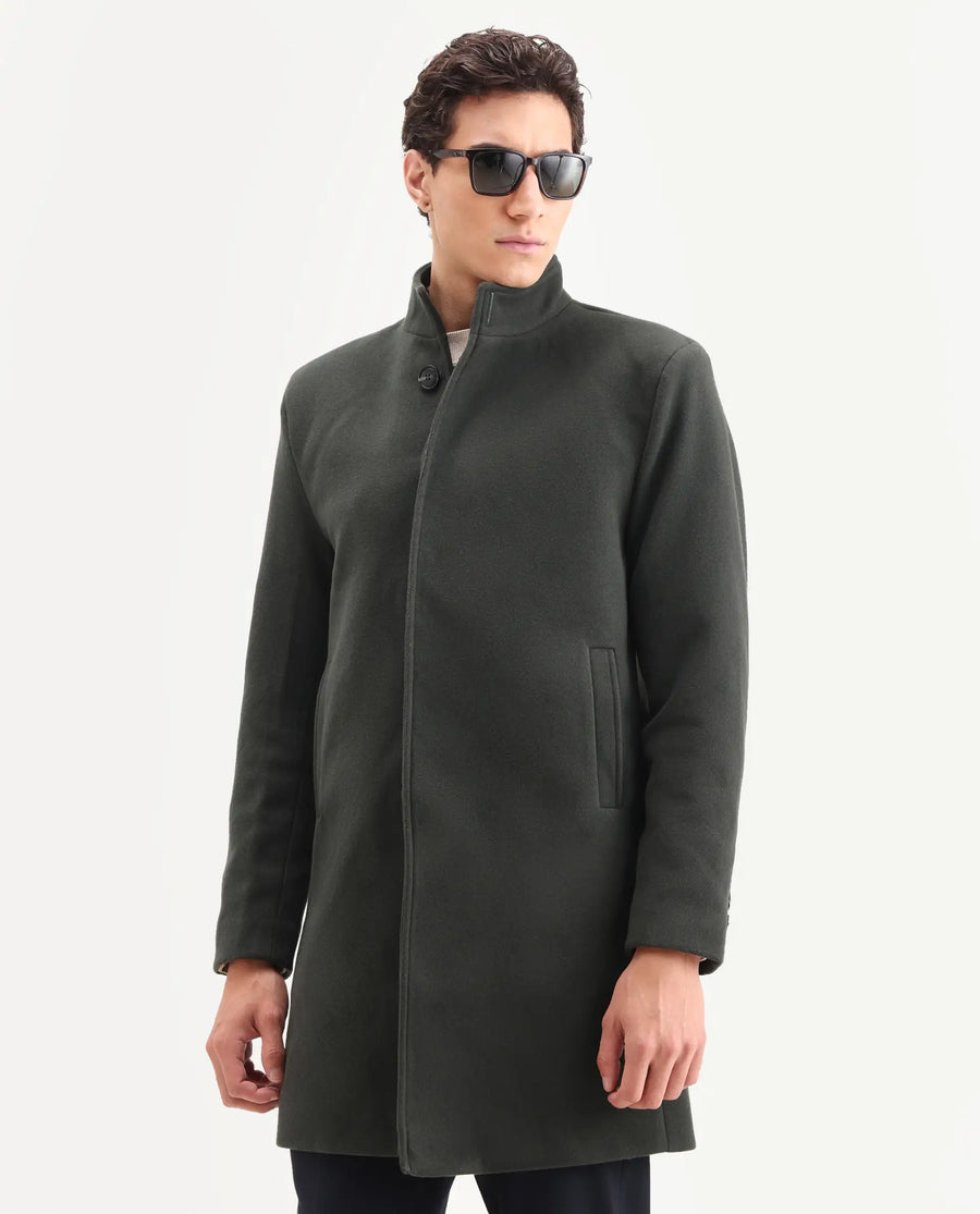 Rare Rabbit Men's Dune-2 Olive Polyester Blend Plain Relaxed Fit Full Sleeve High Neck Coat