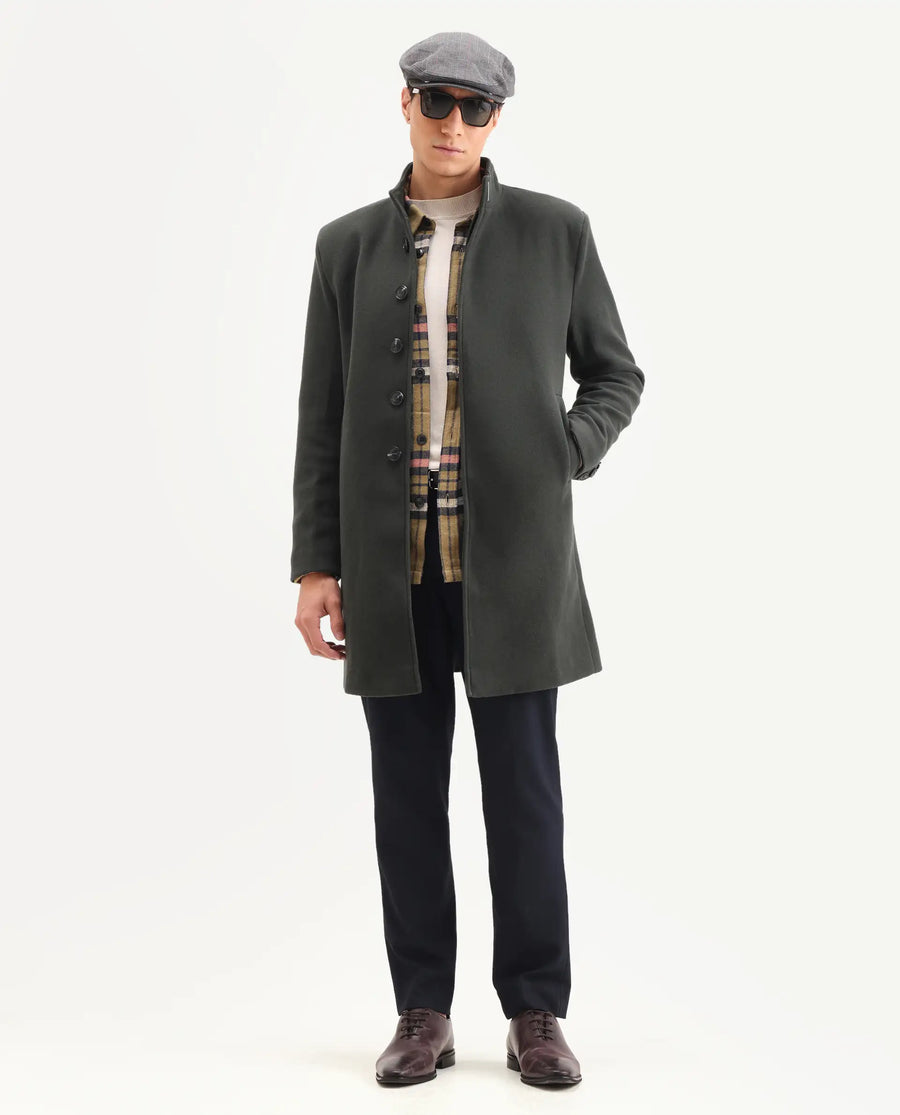 Rare Rabbit Men's Dune-2 Olive Polyester Blend Plain Relaxed Fit Full Sleeve High Neck Coat