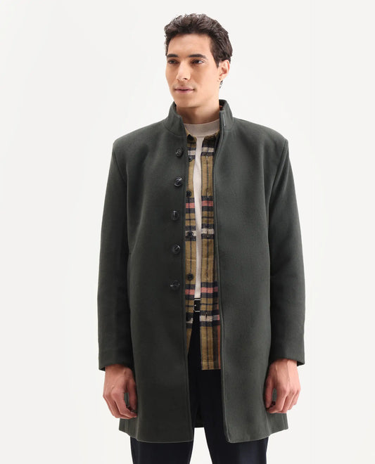 Rare Rabbit Men's Dune-2 Olive Polyester Blend Plain Relaxed Fit Full Sleeve High Neck Coat