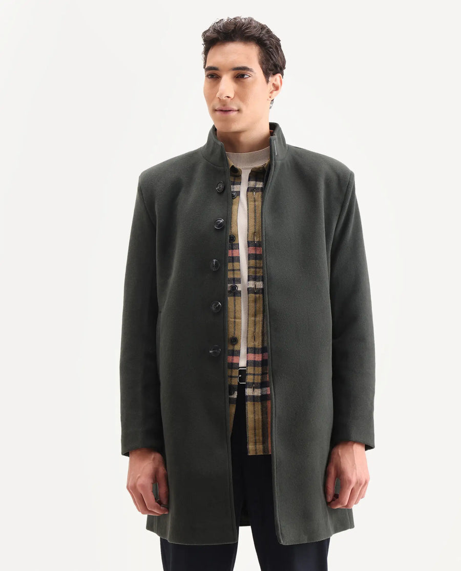 Rare Rabbit Men's Dune-2 Olive Polyester Blend Plain Relaxed Fit Full Sleeve High Neck Coat