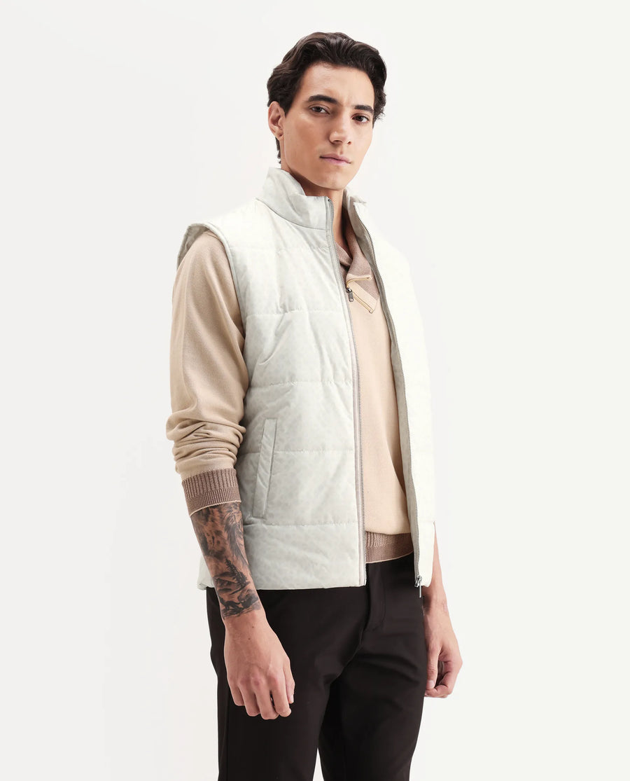 Rare Rabbit Men's Darif White Polyester Printed Regular Fit Sleeveless High Neck Jacket
