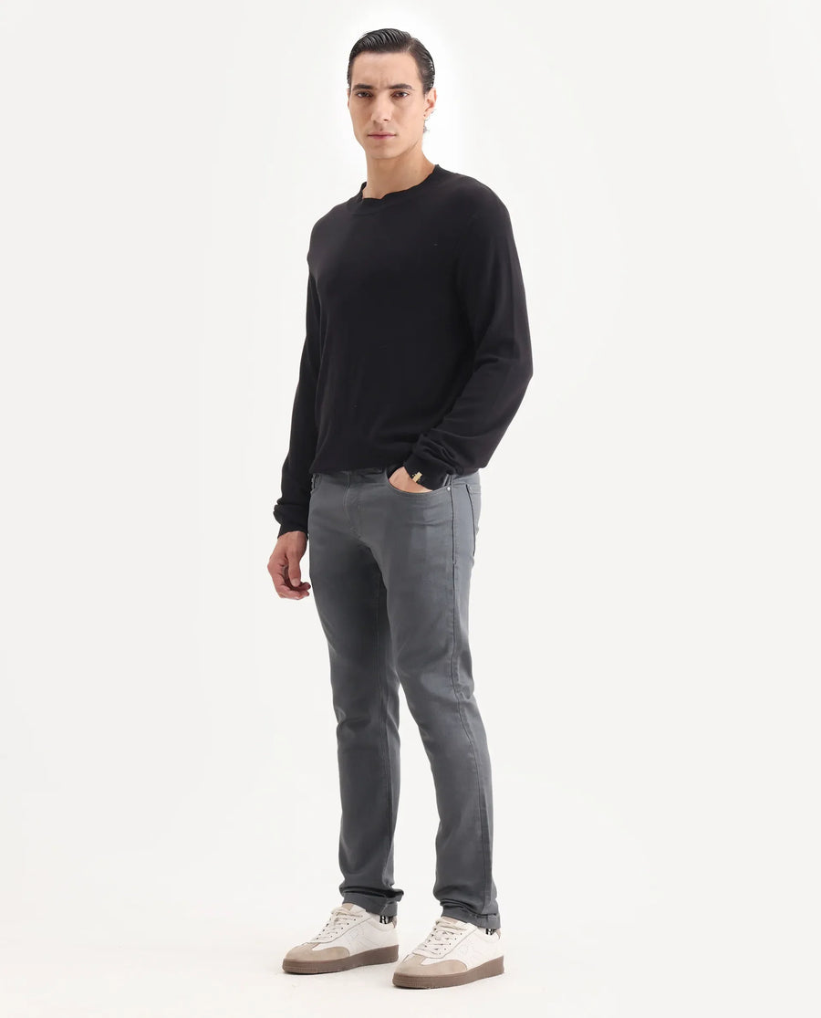Rare Rabbit Men's Corvo Dark Grey Cotton Blend Plain Hawk Slim Fit Jeans