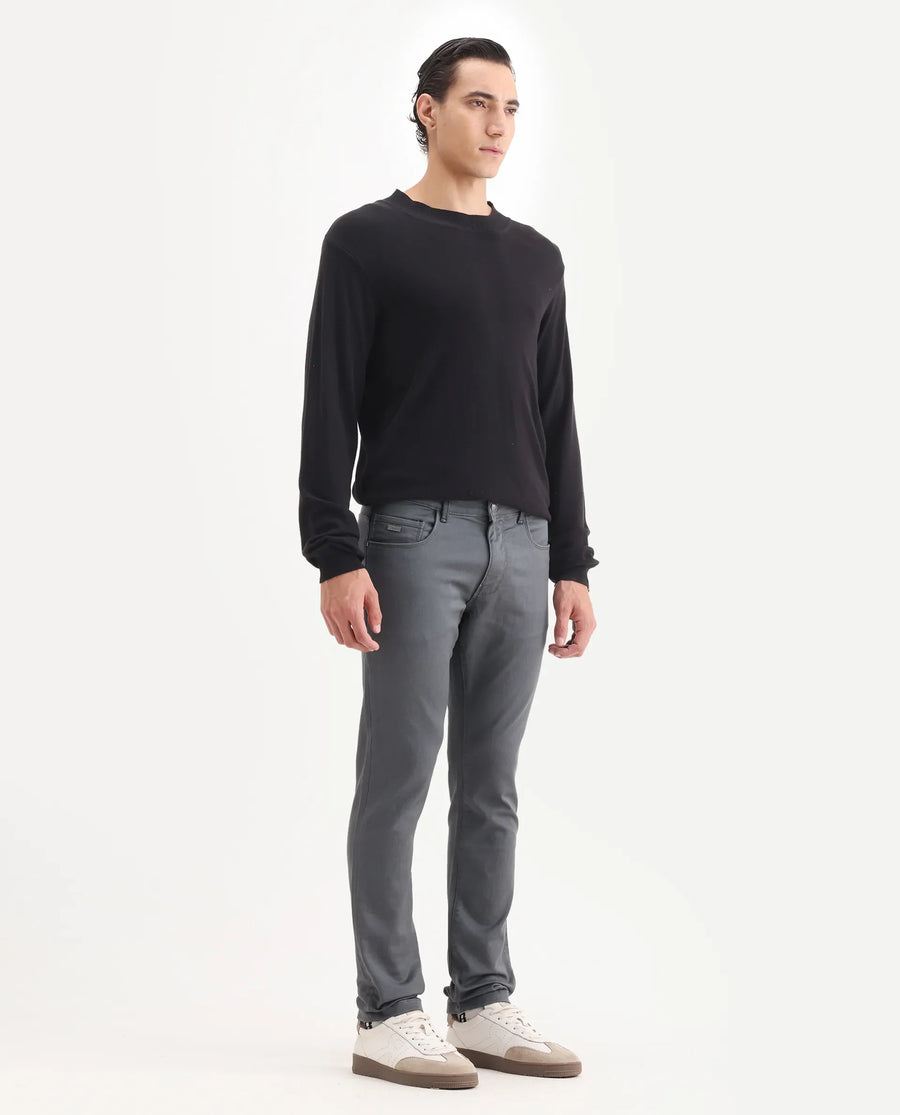 Rare Rabbit Men's Corvo Dark Grey Cotton Blend Plain Hawk Slim Fit Jeans