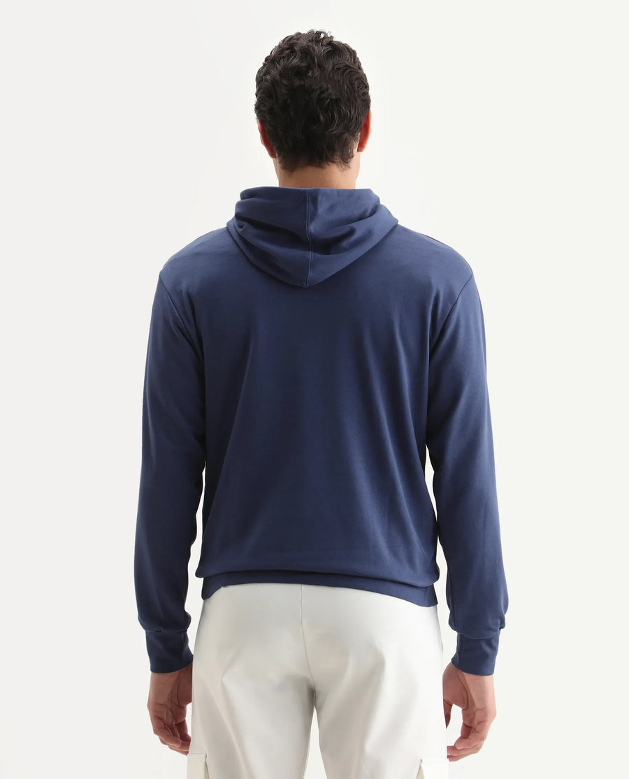 Rare Rabbit Men's Meloro Navy Cotton Blend Graphic Print Regular Fit Full Sleeve Hooded Sweatshirt
