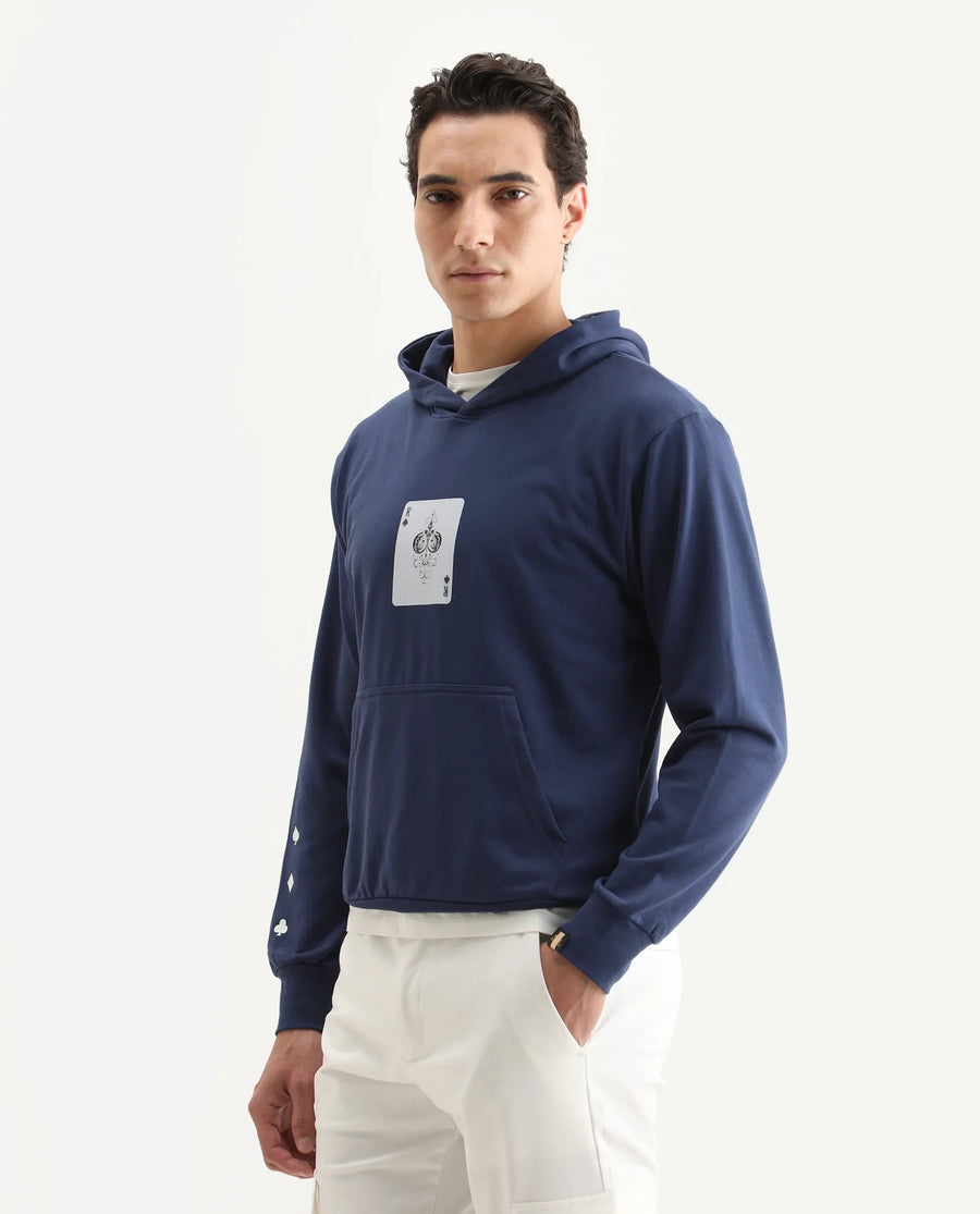 Rare Rabbit Men's Meloro Navy Cotton Blend Graphic Print Regular Fit Full Sleeve Hooded Sweatshirt