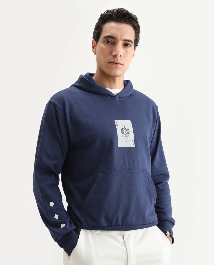 Rare Rabbit Men's Meloro Navy Cotton Blend Graphic Print Regular Fit Full Sleeve Hooded Sweatshirt