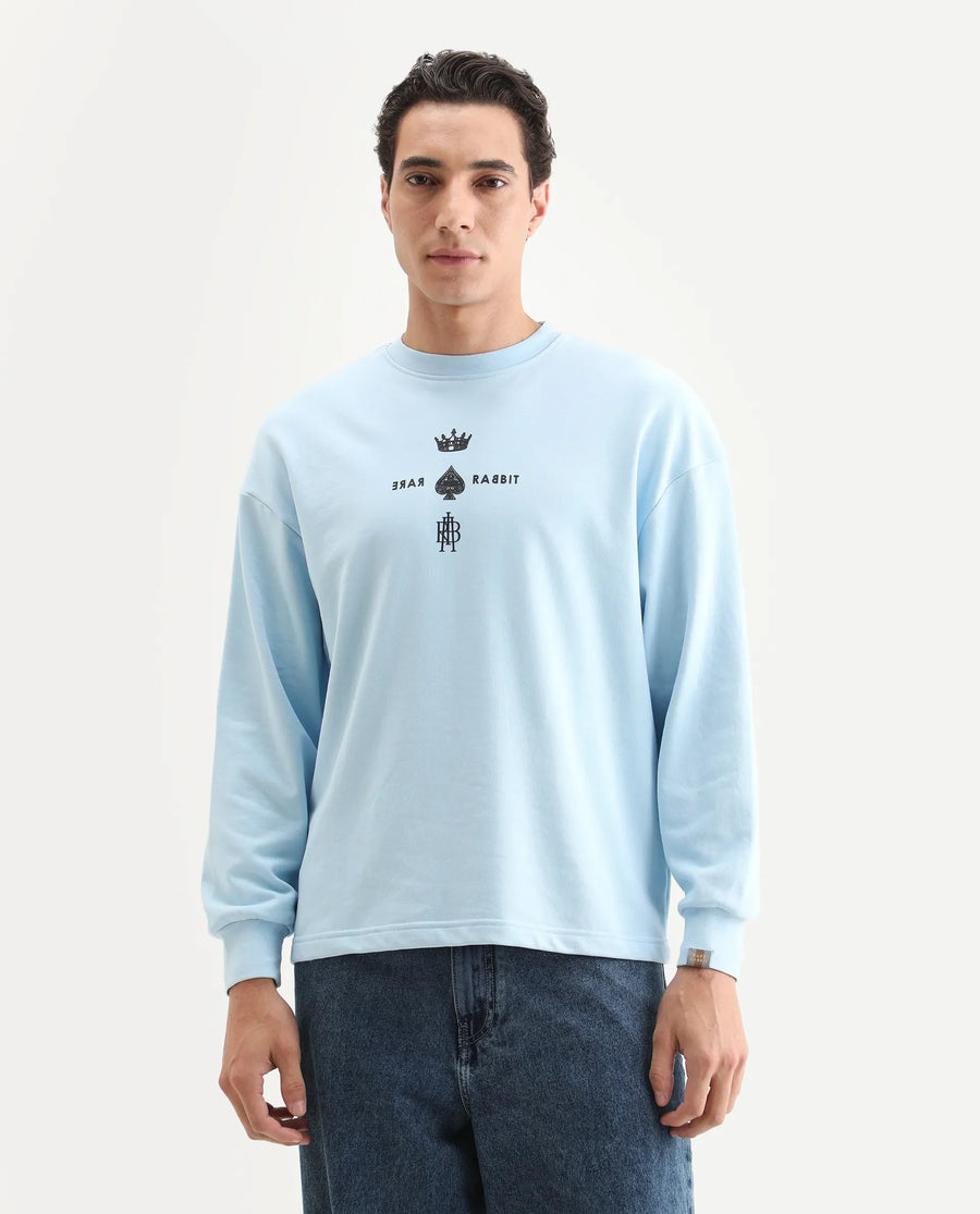Rare Rabbit Men's Remor Light Blue Cotton Graphic Print Regular Fit Full Sleeve Crew Neck Sweatshirt