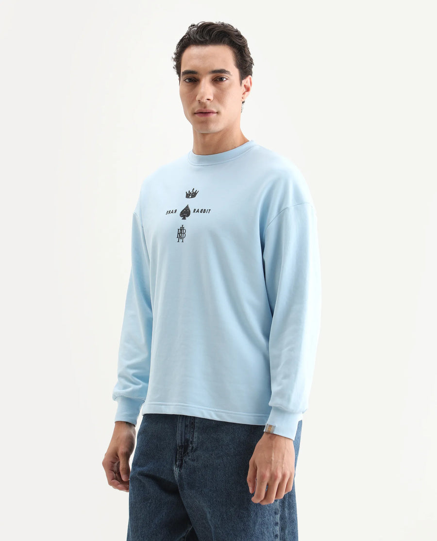 Rare Rabbit Men's Remor Light Blue Cotton Graphic Print Regular Fit Full Sleeve Crew Neck Sweatshirt
