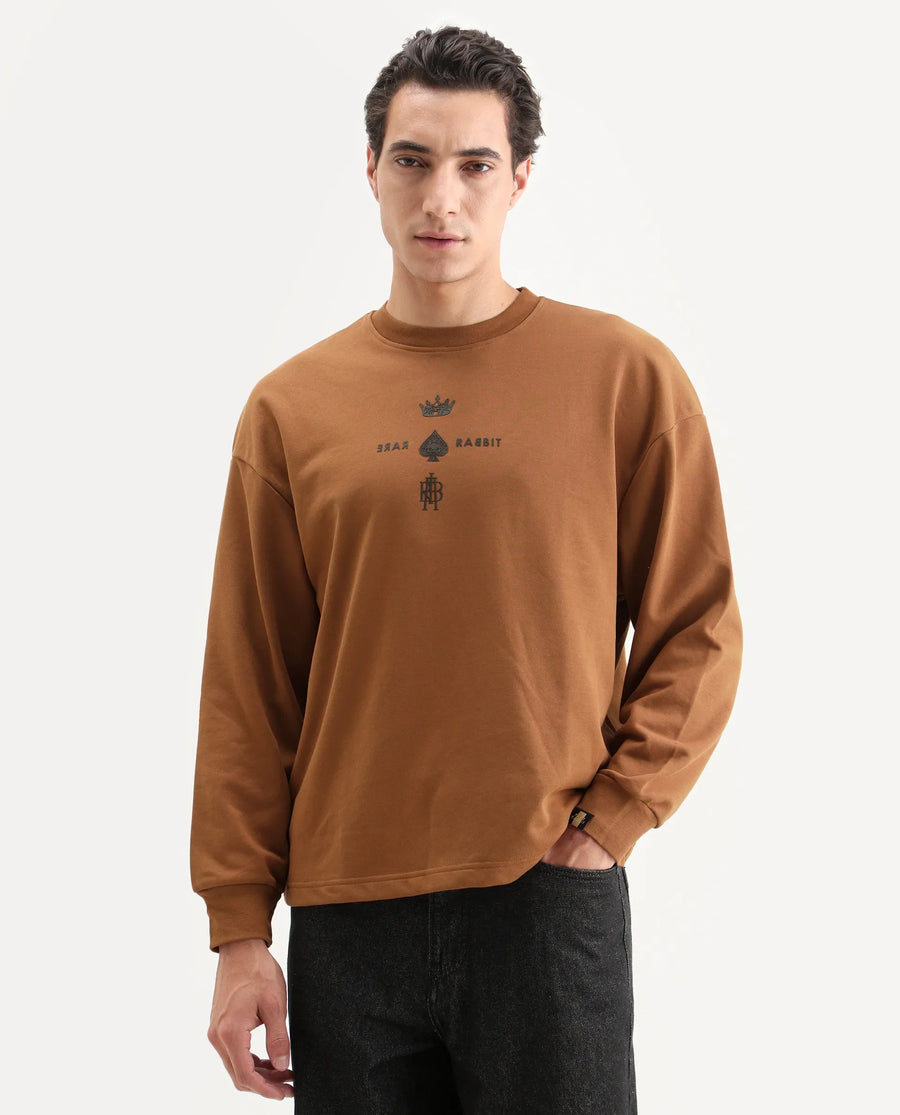Rare Rabbit Men's Remor Rust Cotton Graphic Print Regular Fit Full Sleeve Crew Neck Sweatshirt