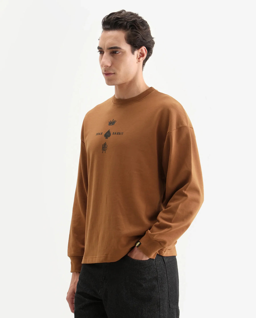 Rare Rabbit Men's Remor Rust Cotton Graphic Print Regular Fit Full Sleeve Crew Neck Sweatshirt