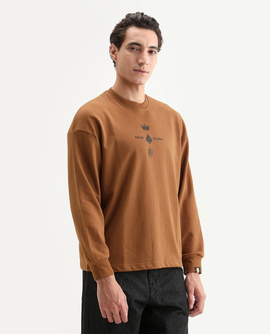 Rare Rabbit Men's Remor Rust Cotton Graphic Print Regular Fit Full Sleeve Crew Neck Sweatshirt