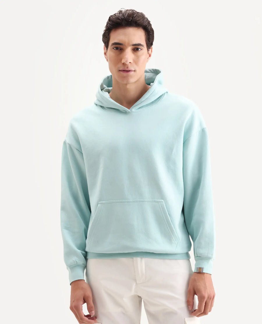 Rare Rabbit Men's Laurl Light Turq Cotton Blend Typography Print Boxy Fit Full Sleeve Hooded Sweatshirt