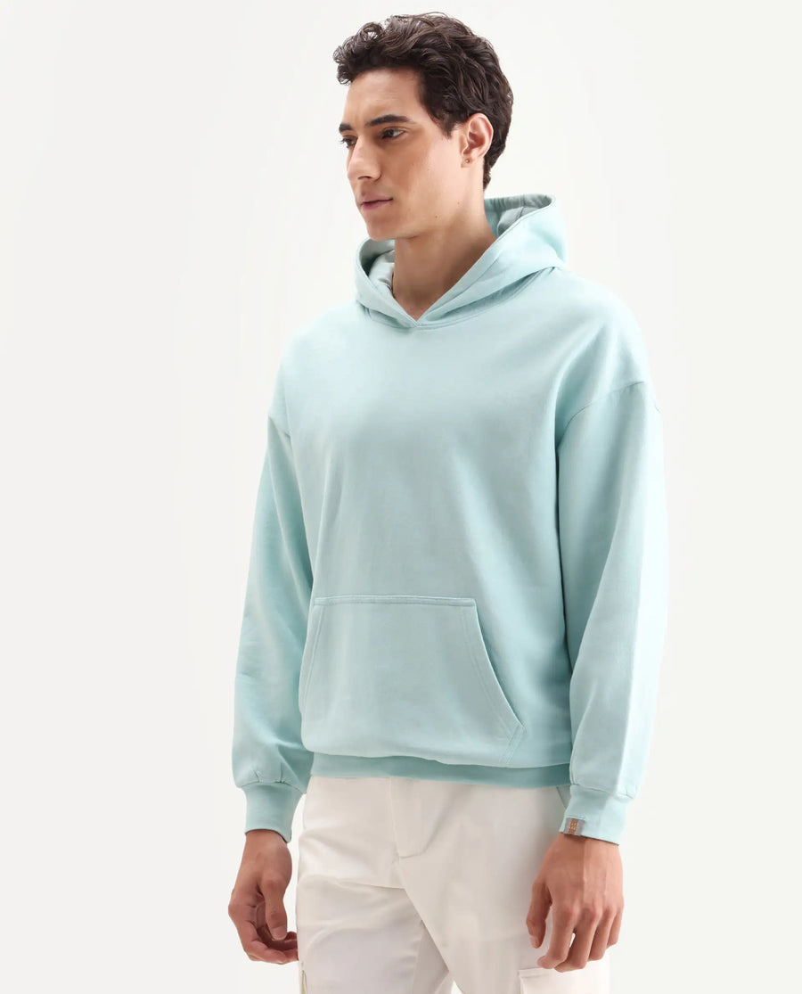 Rare Rabbit Men's Laurl Light Turq Cotton Blend Typography Print Boxy Fit Full Sleeve Hooded Sweatshirt