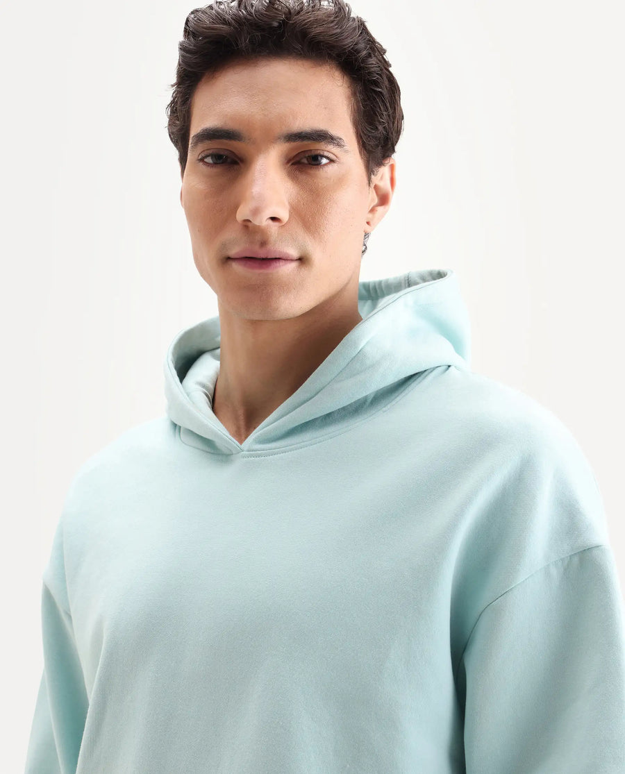 Rare Rabbit Men's Laurl Light Turq Cotton Blend Typography Print Boxy Fit Full Sleeve Hooded Sweatshirt