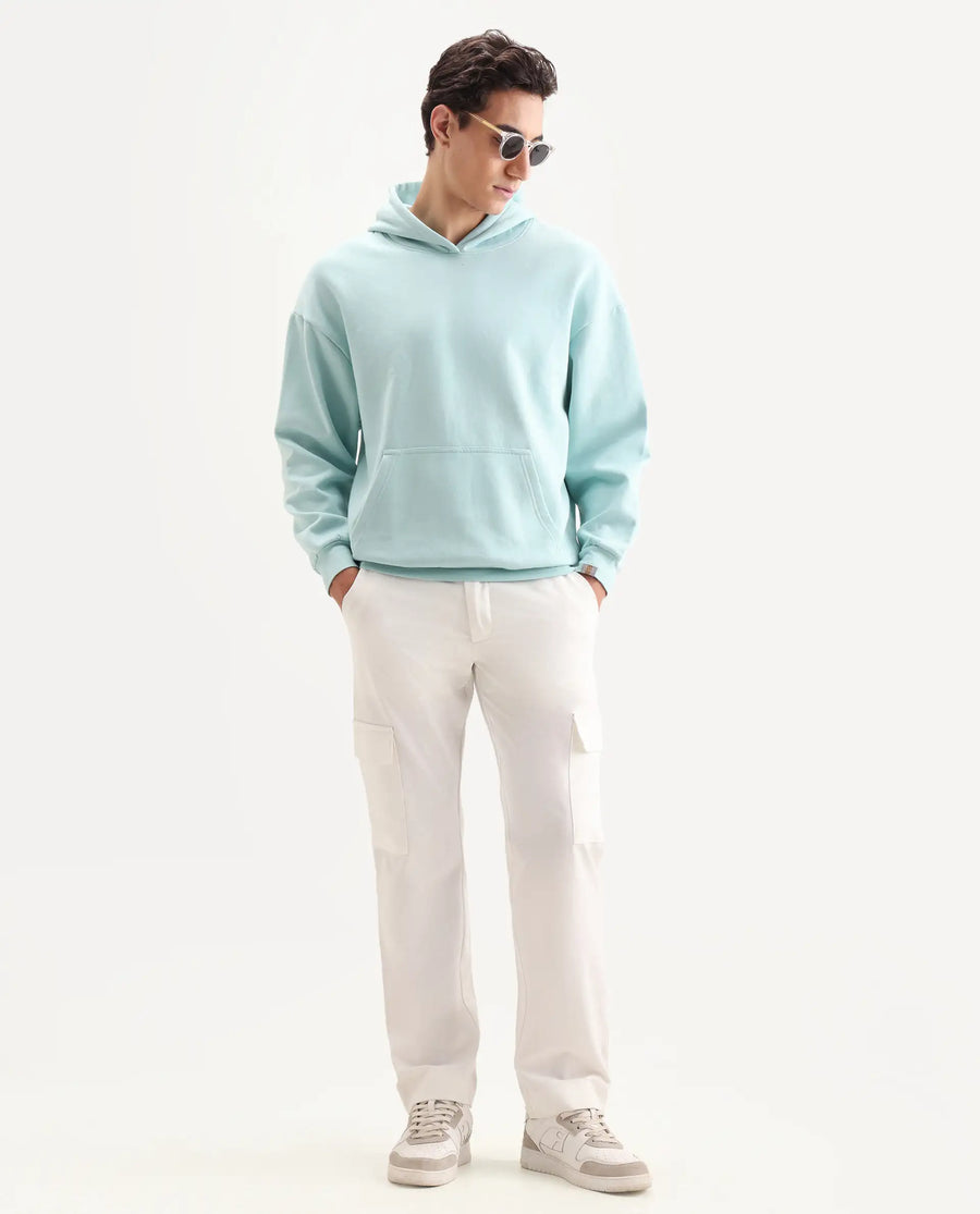 Rare Rabbit Men's Laurl Light Turq Cotton Blend Typography Print Boxy Fit Full Sleeve Hooded Sweatshirt