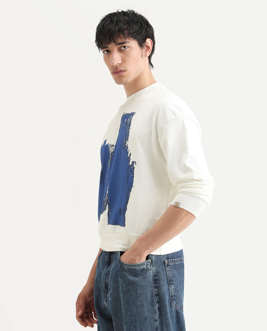Rare Rabbit Men's Bade Off White Cotton Abstract Print Boxy Fit Full Sleeve Crew Neck Sweatshirt