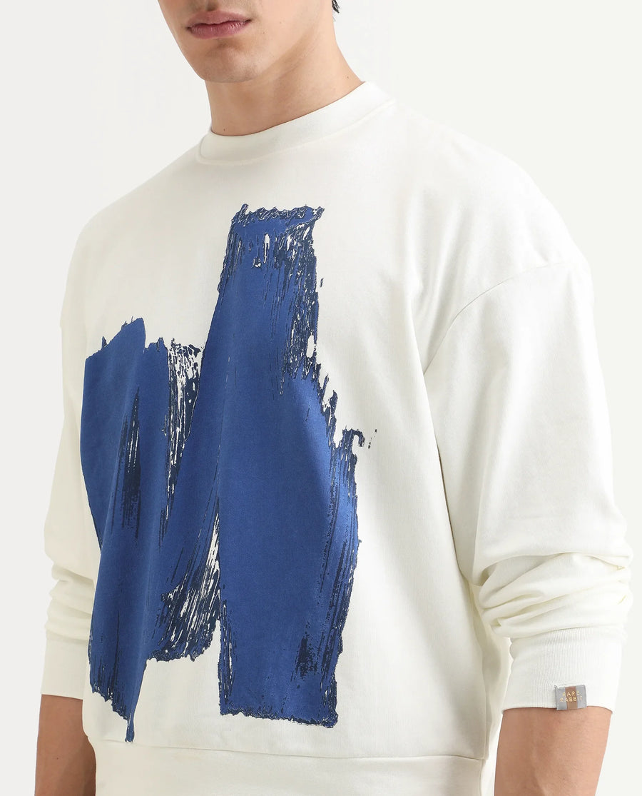 Rare Rabbit Men's Bade Off White Cotton Abstract Print Boxy Fit Full Sleeve Crew Neck Sweatshirt