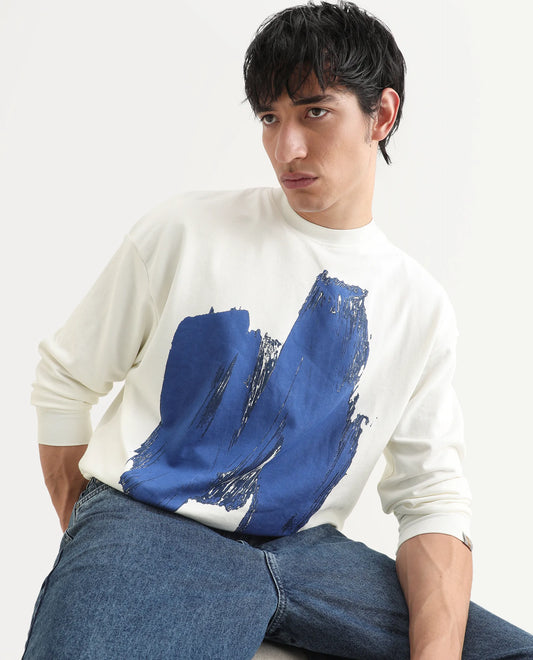 Rare Rabbit Men's Bade Off White Cotton Abstract Print Boxy Fit Full Sleeve Crew Neck Sweatshirt