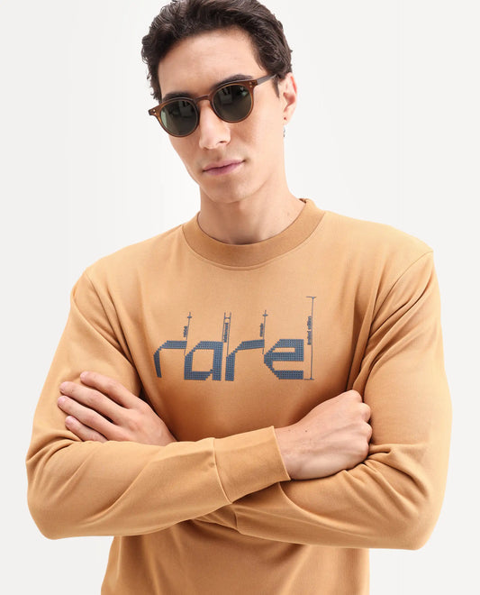 Rare Rabbit Men's Emry Mustard Cotton Blend Graphic Print Regular Fit Full Sleeve Crew Neck Sweatshirt