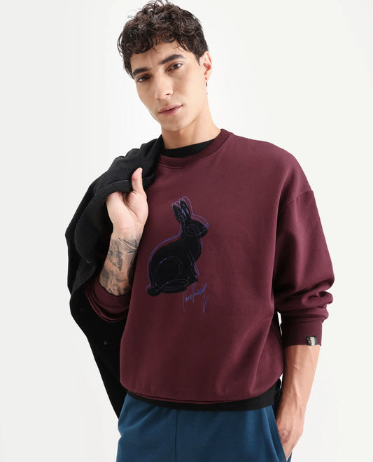 Rare Rabbit Men's Ezy Maroon Cotton Blend Graphic Print Oversized Fit Full Sleeve Crew Neck Sweatshirt