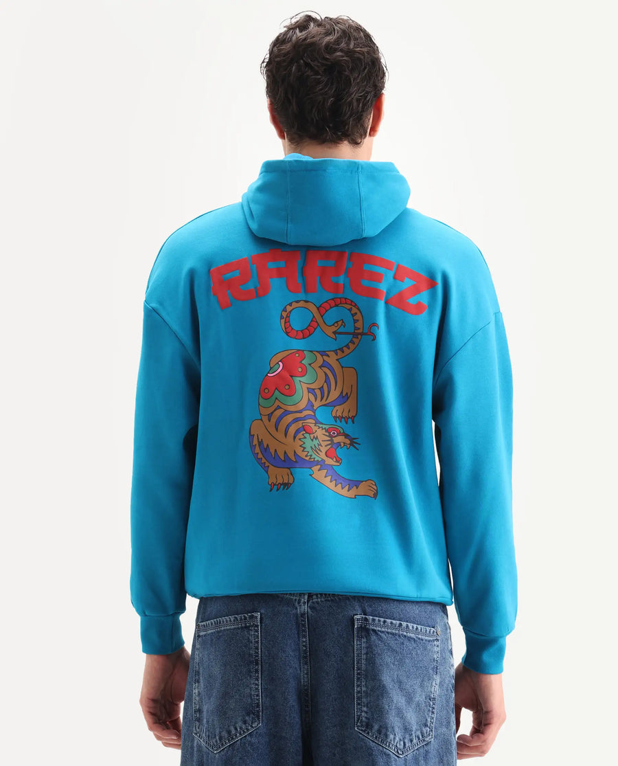 Rare Rabbit Men's Dary Flouroscent Blue Cotton Puff Print Boxy Fit Full Sleeve Hooded Sweatshirt