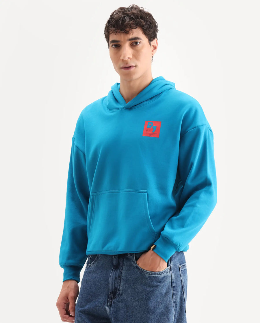 Rare Rabbit Men's Dary Flouroscent Blue Cotton Puff Print Boxy Fit Full Sleeve Hooded Sweatshirt