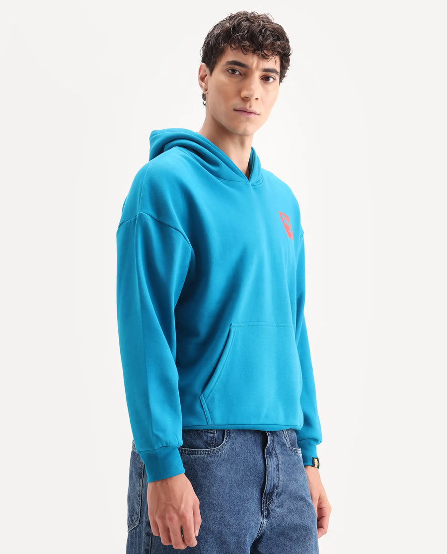 Rare Rabbit Men's Dary Flouroscent Blue Cotton Puff Print Boxy Fit Full Sleeve Hooded Sweatshirt