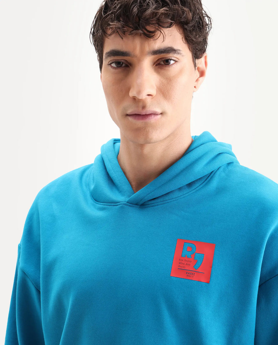 Rare Rabbit Men's Dary Flouroscent Blue Cotton Puff Print Boxy Fit Full Sleeve Hooded Sweatshirt