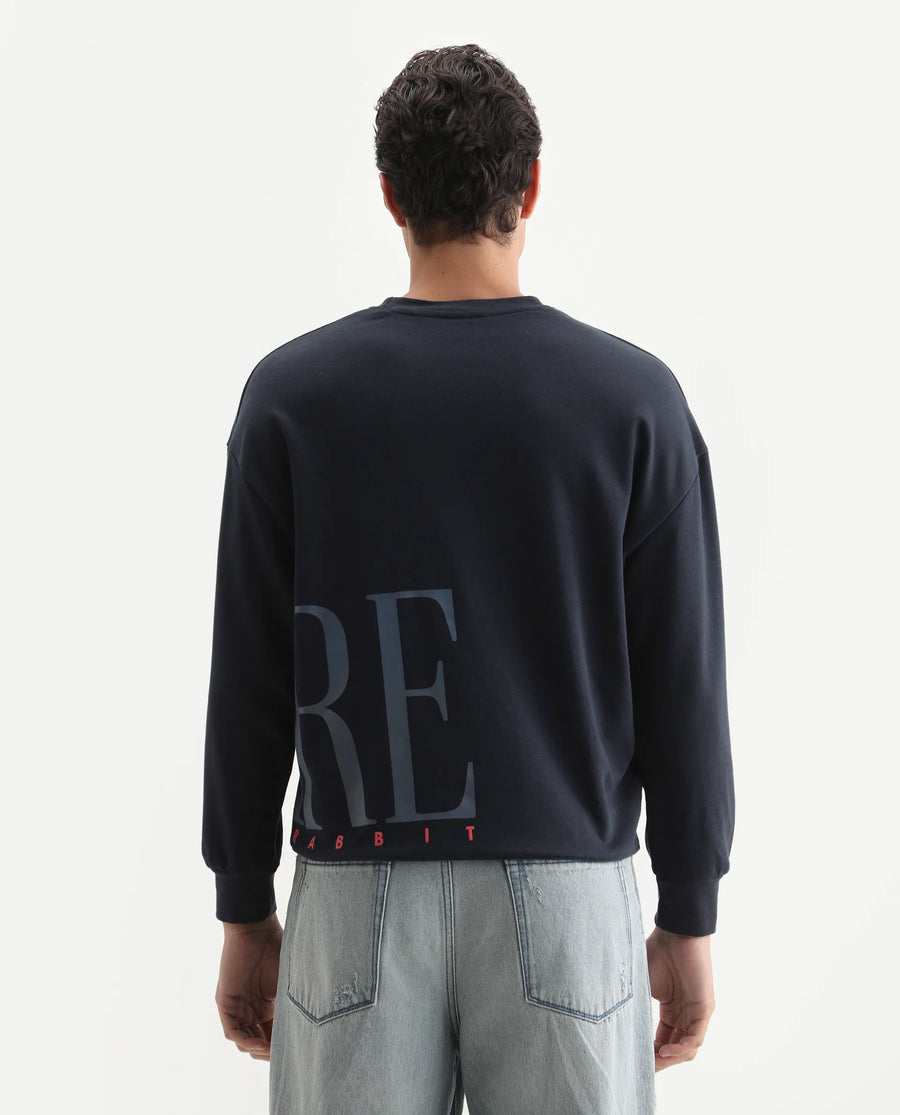 Rare Rabbit Men's Kacey Navy Cotton Graphic Print Oversized Fit Full Sleeve Crew Neck Sweatshirt