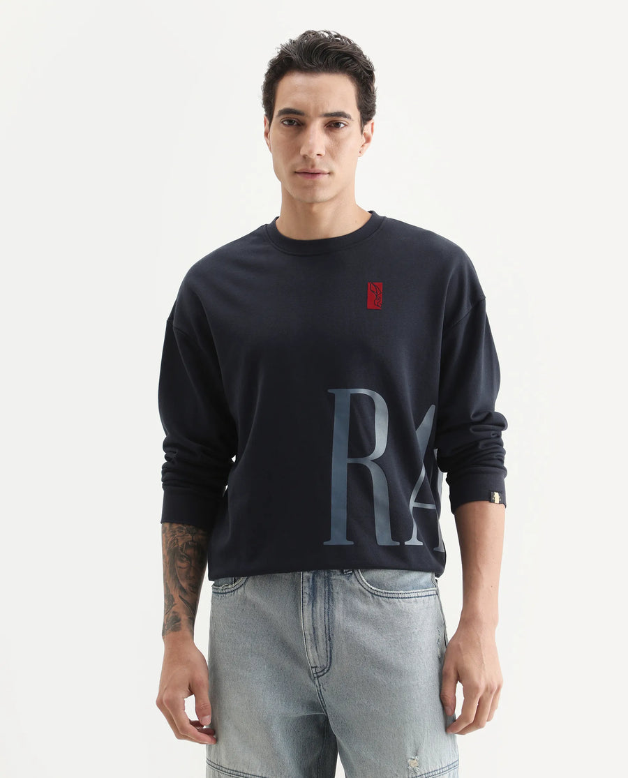 Rare Rabbit Men's Kacey Navy Cotton Graphic Print Oversized Fit Full Sleeve Crew Neck Sweatshirt