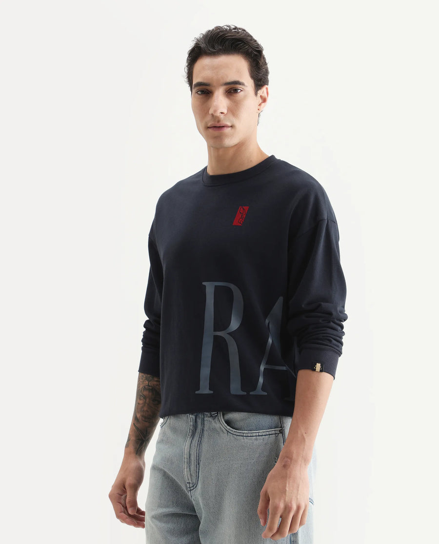 Rare Rabbit Men's Kacey Navy Cotton Graphic Print Oversized Fit Full Sleeve Crew Neck Sweatshirt